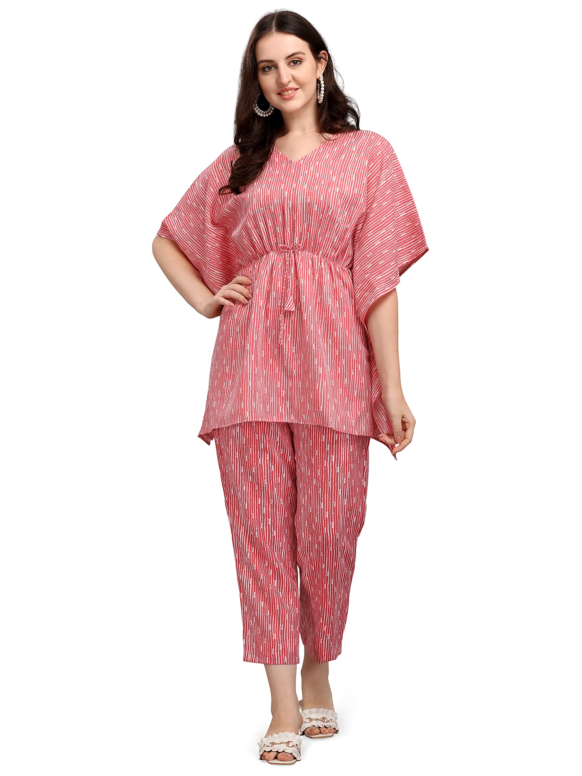 NAINVISH Womens Cotton Blend Straight V-Neck Printed Kaftan Top with Pant (SD228_KB-XXL_Pink)