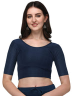 Shiv Textiles Round Neck Dobby Cotton Lycra Stretchable Elbow Sleeve Readymade Saree Blouse for Women Stylish (BluePluse Size)