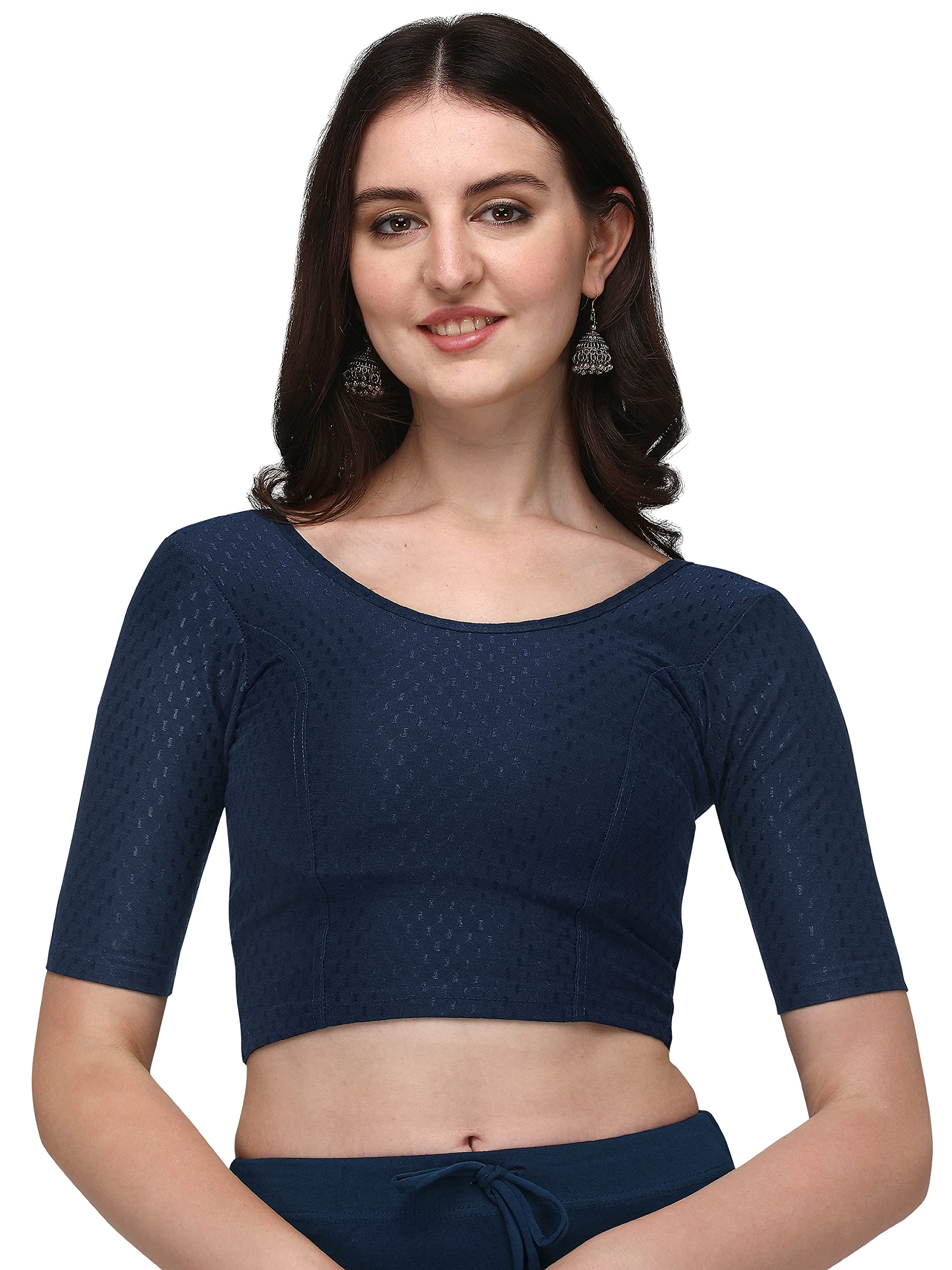 Shiv Textiles Round Neck Dobby Cotton Lycra Stretchable Elbow Sleeve Readymade Saree Blouse for Women Stylish (BluePluse Size)