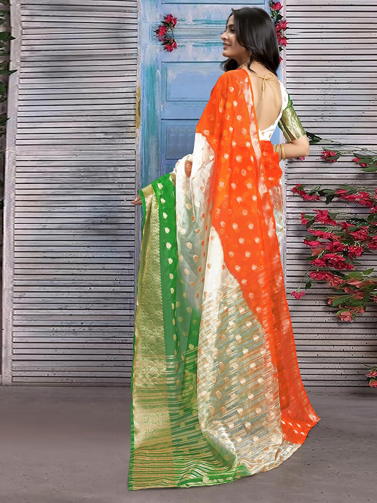 Satrani Womens Organza Jacquard Independence Day Special Tricolor Tiranga Saree with Unstitched Blouse Piece