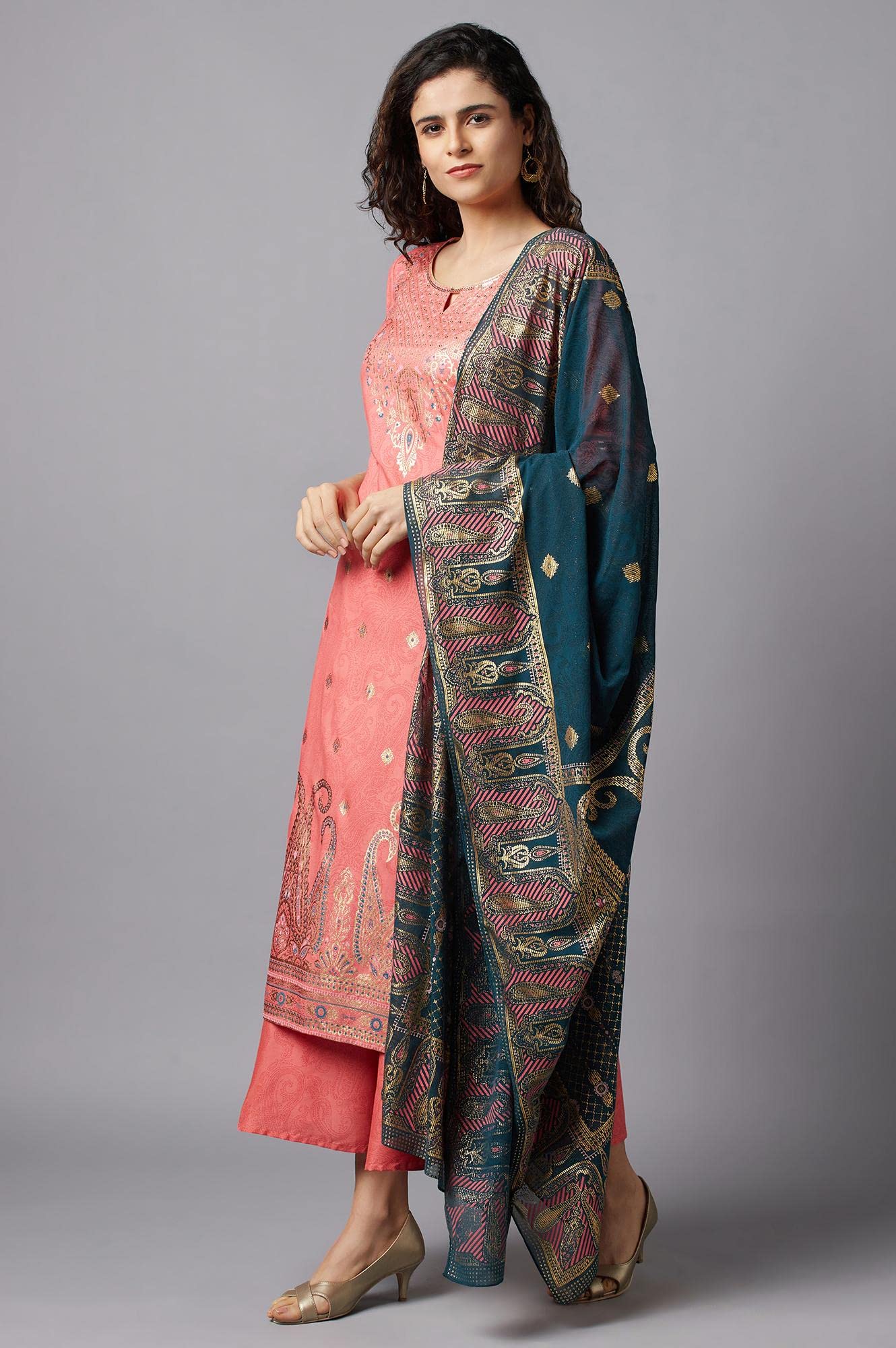 Aurelia Peach Printed Kurta, Culottes And Dupatta Set