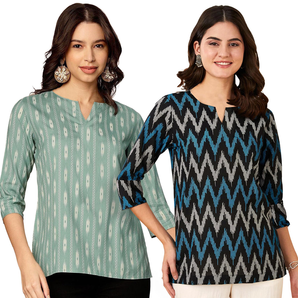 Pinkmint Womens Printed Cotton Blend Short Kurti with 3/4th Sleeve & Notch Neck l Casual & Office Wear Tunic Shirt Kurti