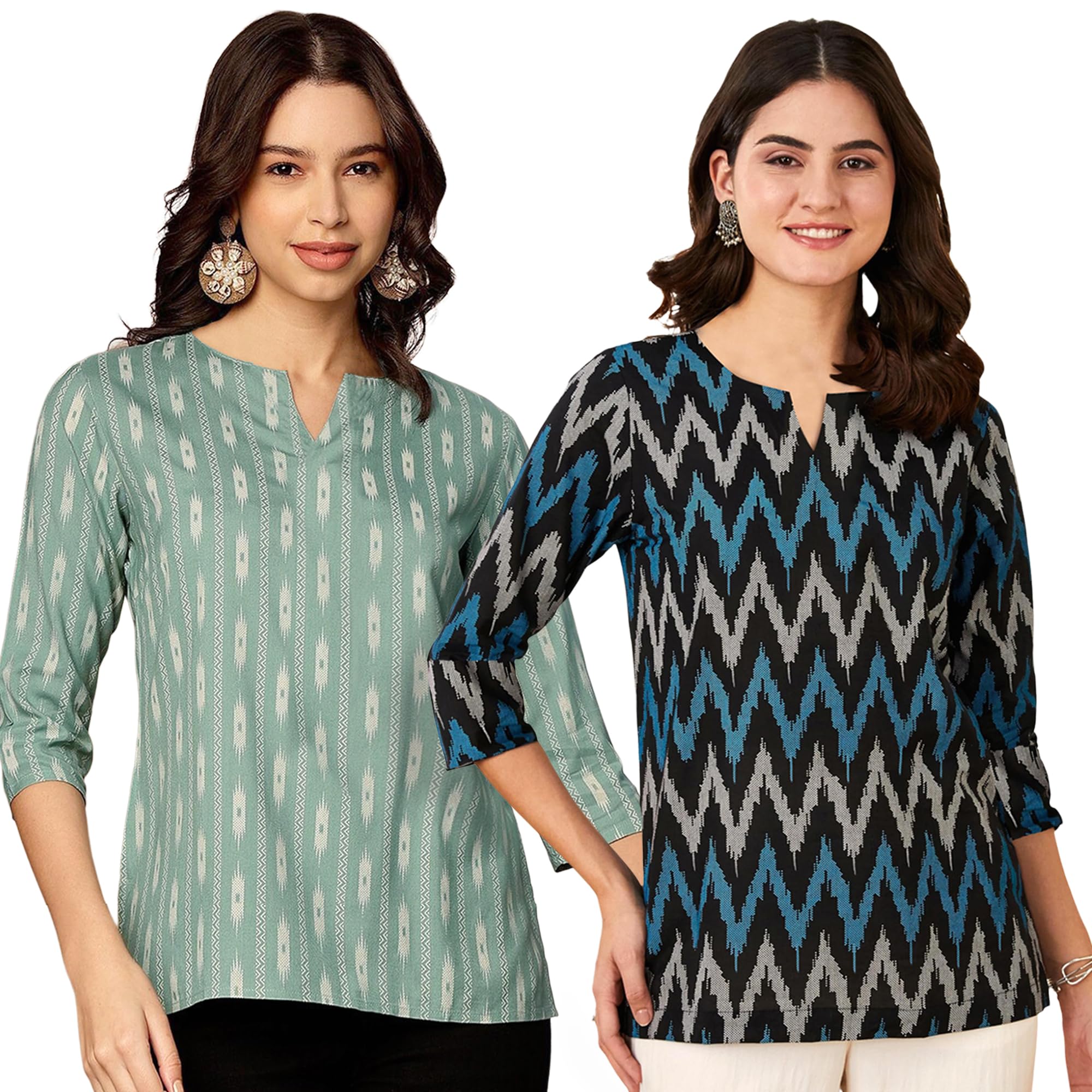 Pinkmint Womens Printed Cotton Blend Short Kurti with 3/4th Sleeve & Notch Neck l Casual & Office Wear Tunic Shirt Kurti