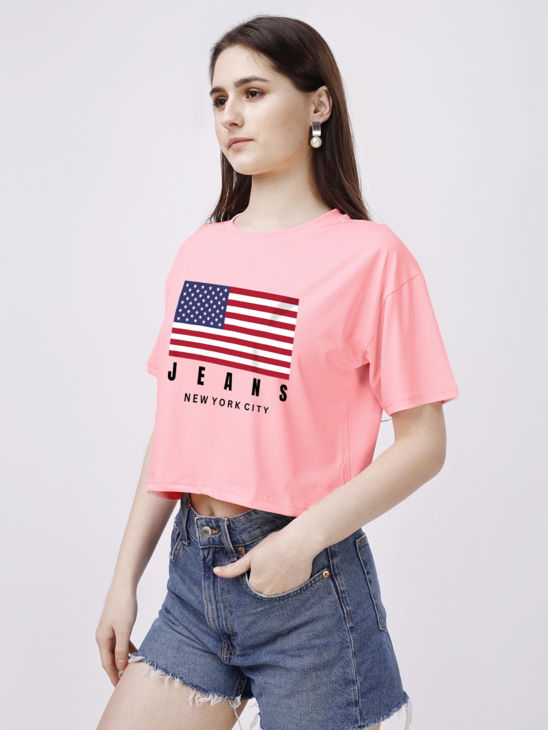 ELLITI Soft Rich Cotton Peach Half Sleeve | Round Neck | Oversized/Loose Fit | Down Solder | US Flage Print Crop Top for Women (