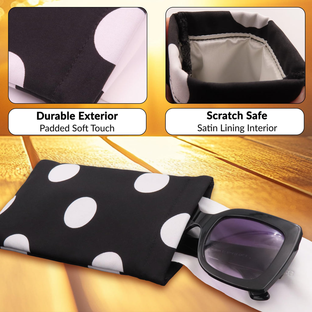 Polka Dots Soft Sunglasses case - Large Eyeglass case Squeeze Top - XL Glasses Holder w/Cloth, Medium To Oversized Frames, Smart