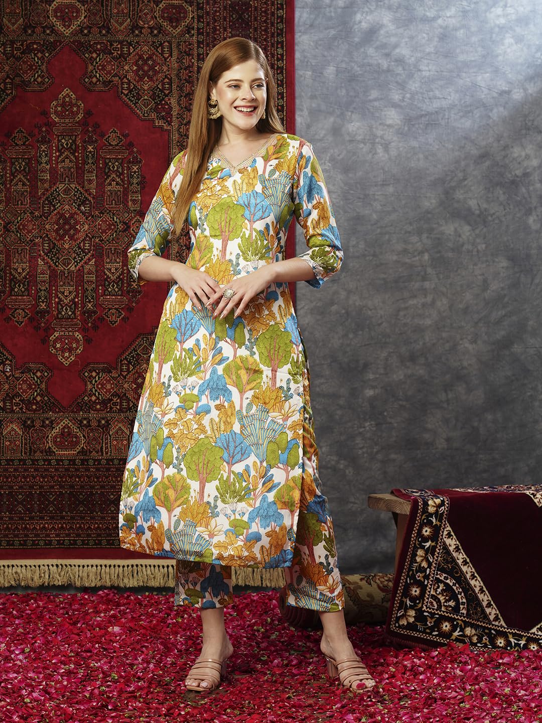 ANNI DESIGNER Ladies Cotton Blend Kurta & Trousers, Blue sky, S