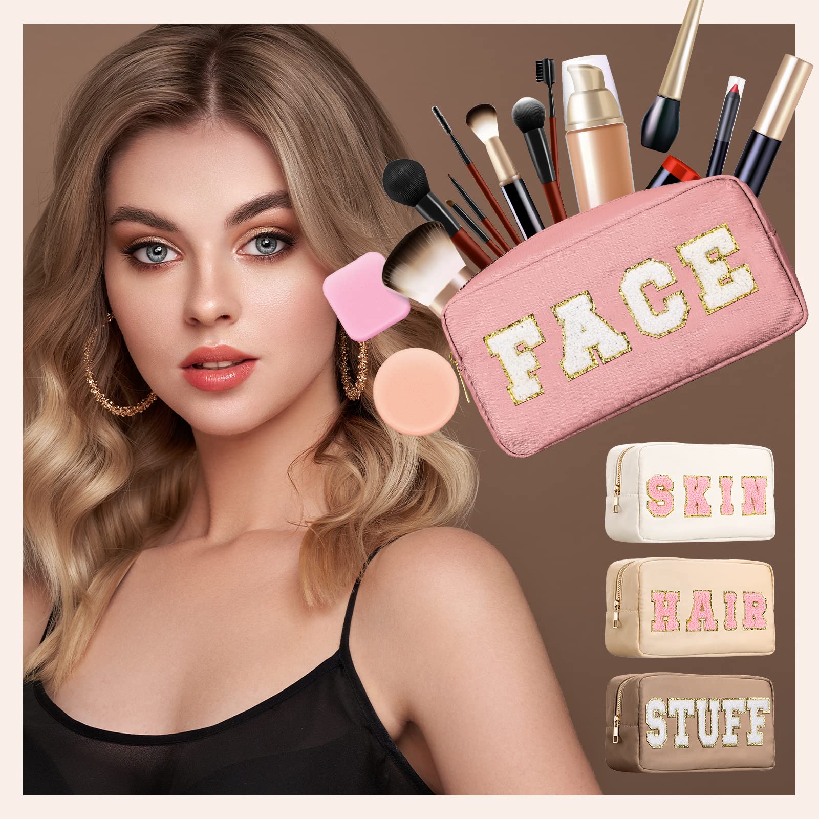 Cunno 4 Pcs Preppy Makeup Bag Chenille Letter Nylon Cosmetic Bag Makeup Bag Toiletry Cosmetic Case Preppy Bag with Zipper Stuff