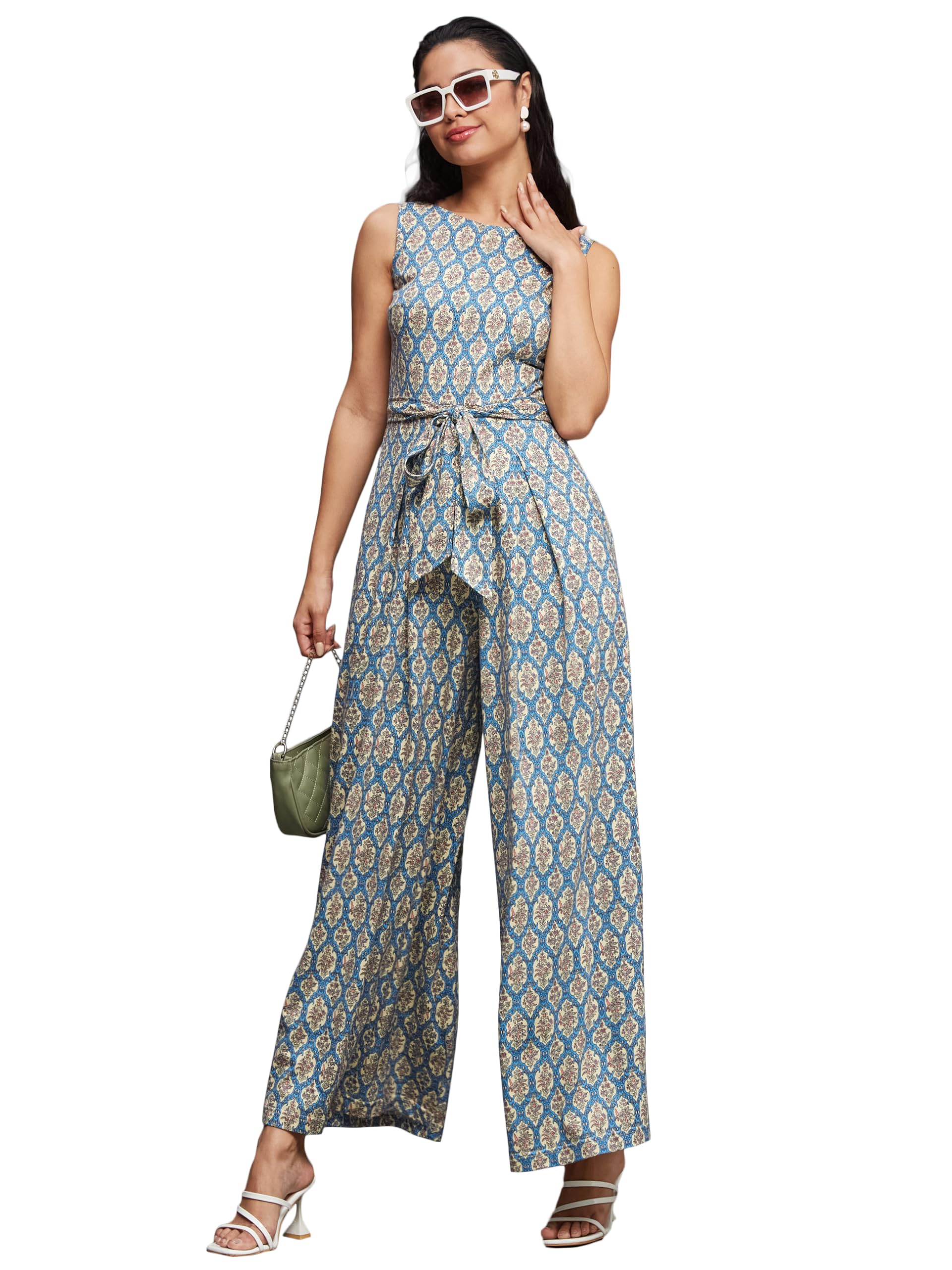 Miss Chase WomenS Boat Neck Sleeveless Bohemian-Patterned Pleated Pure Cotton Regular-Length Jumpsuit (Mcss24D19-17-191-06, Mul