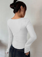 Sugathari Womens White Solid Long Sleeve Wrap-Style Square Split Crew Neck Bodycon Women T-Shirt Spring and Summer Top, Minimal