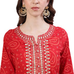 ishin Womens Pure Cotton Straight Embroidered Aari Work Bandhani print Red Kurta suit set with Sharara