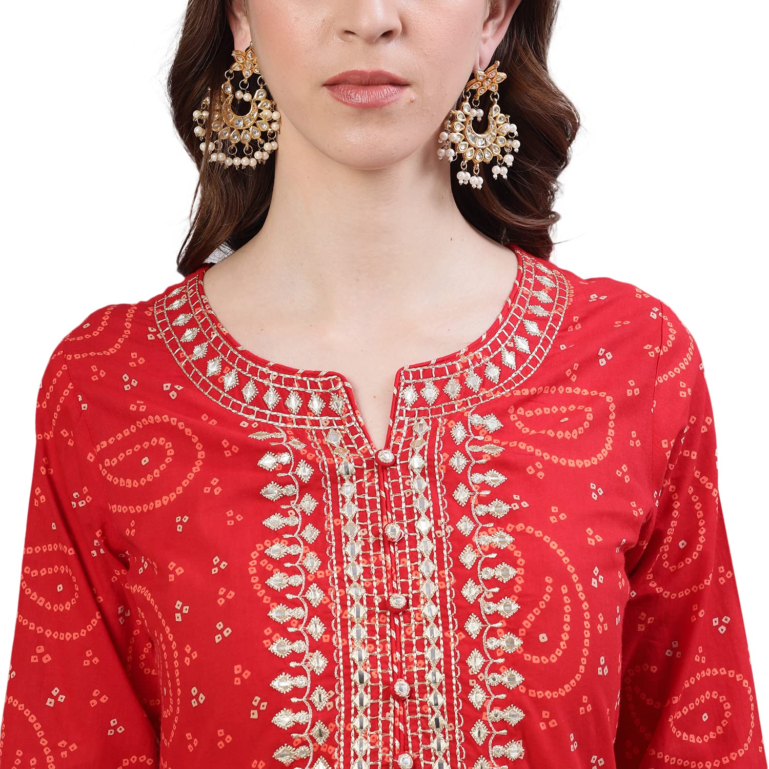 ishin Womens Pure Cotton Straight Embroidered Aari Work Bandhani print Red Kurta suit set with Sharara