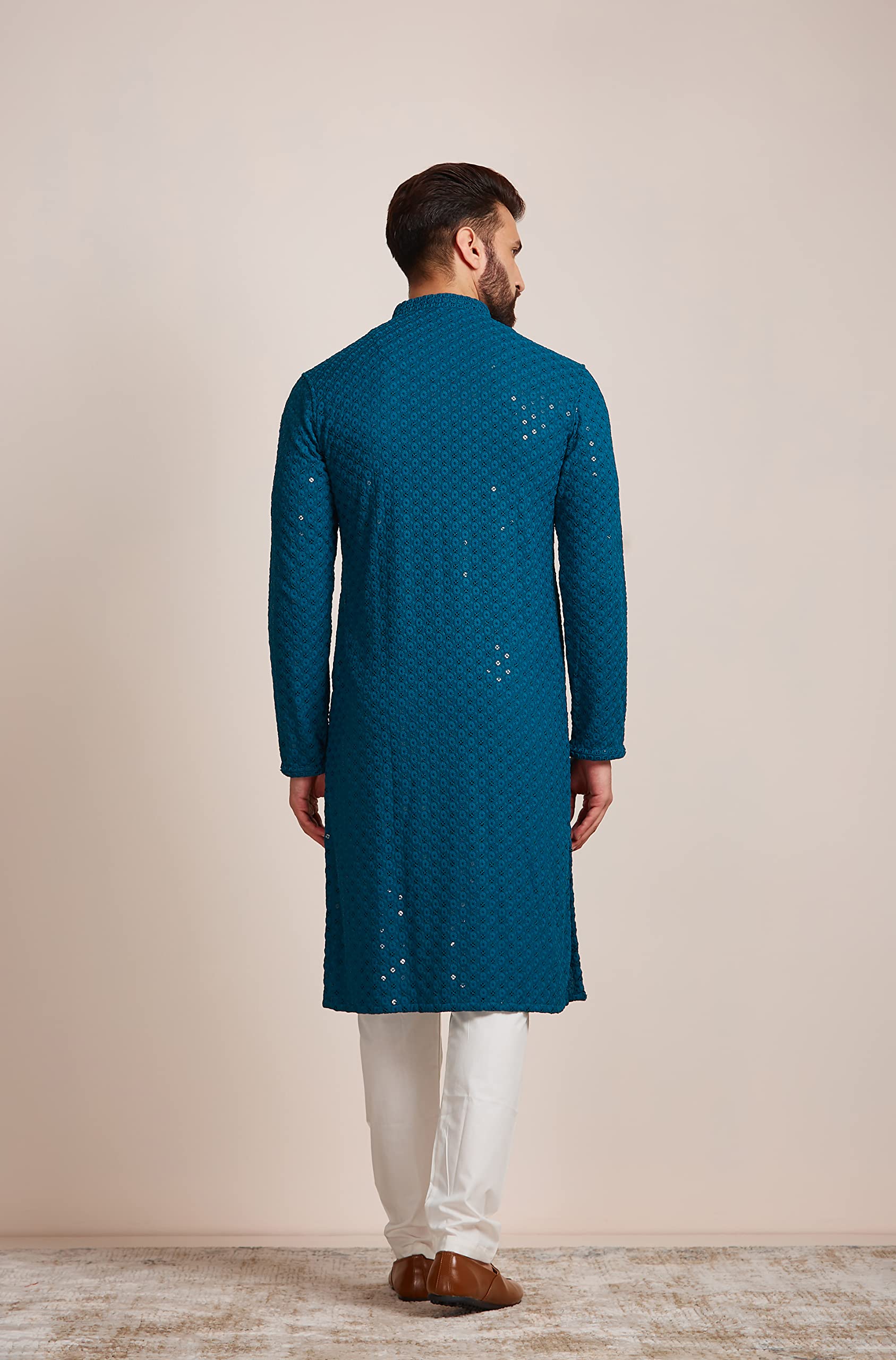 Manyavar Blue Viscose Full Sleeve Kurta Set | Traditional Kurta Set For Men