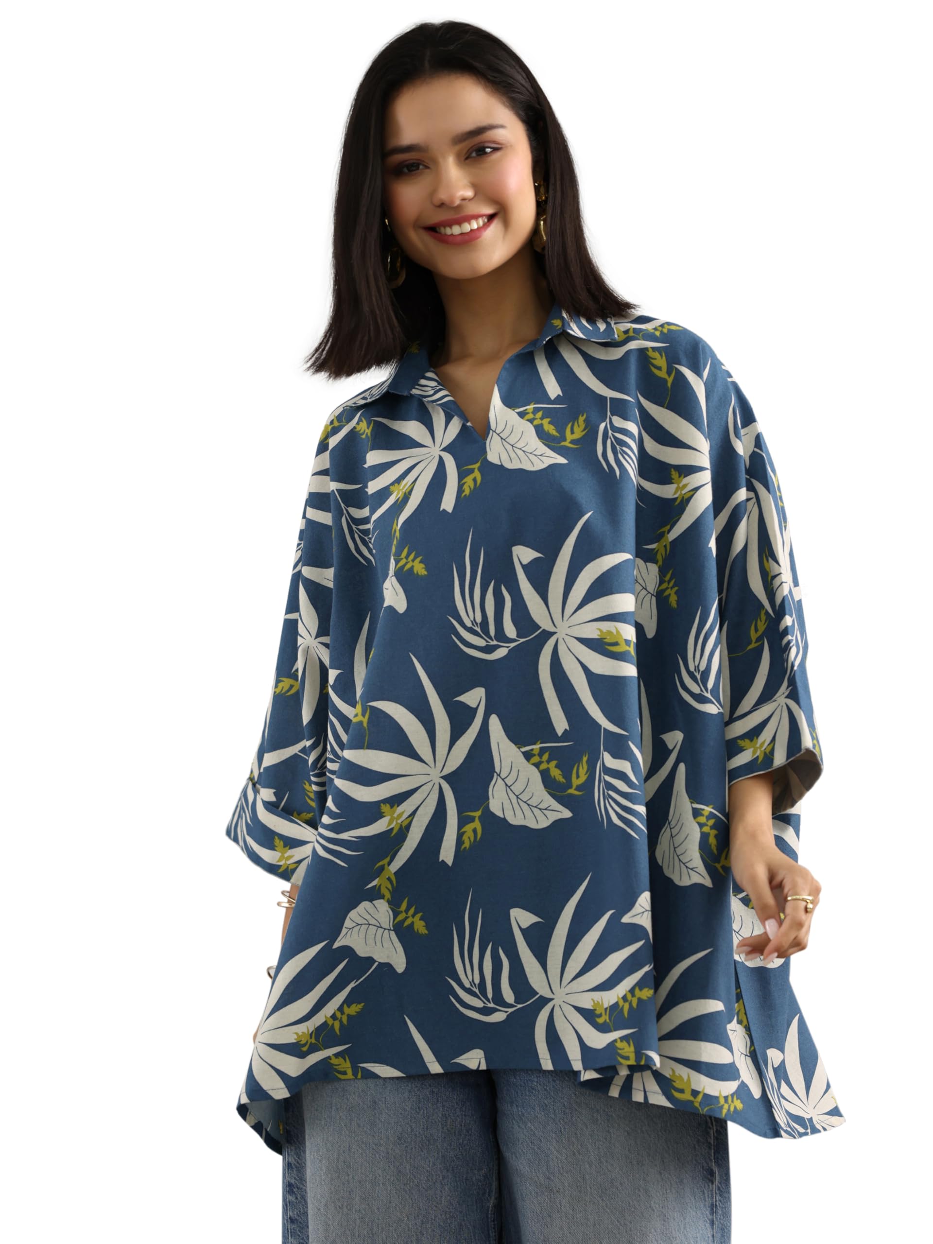 Libas WomenS Cotton Blend Printed A-Line Kurti (29882_Blue