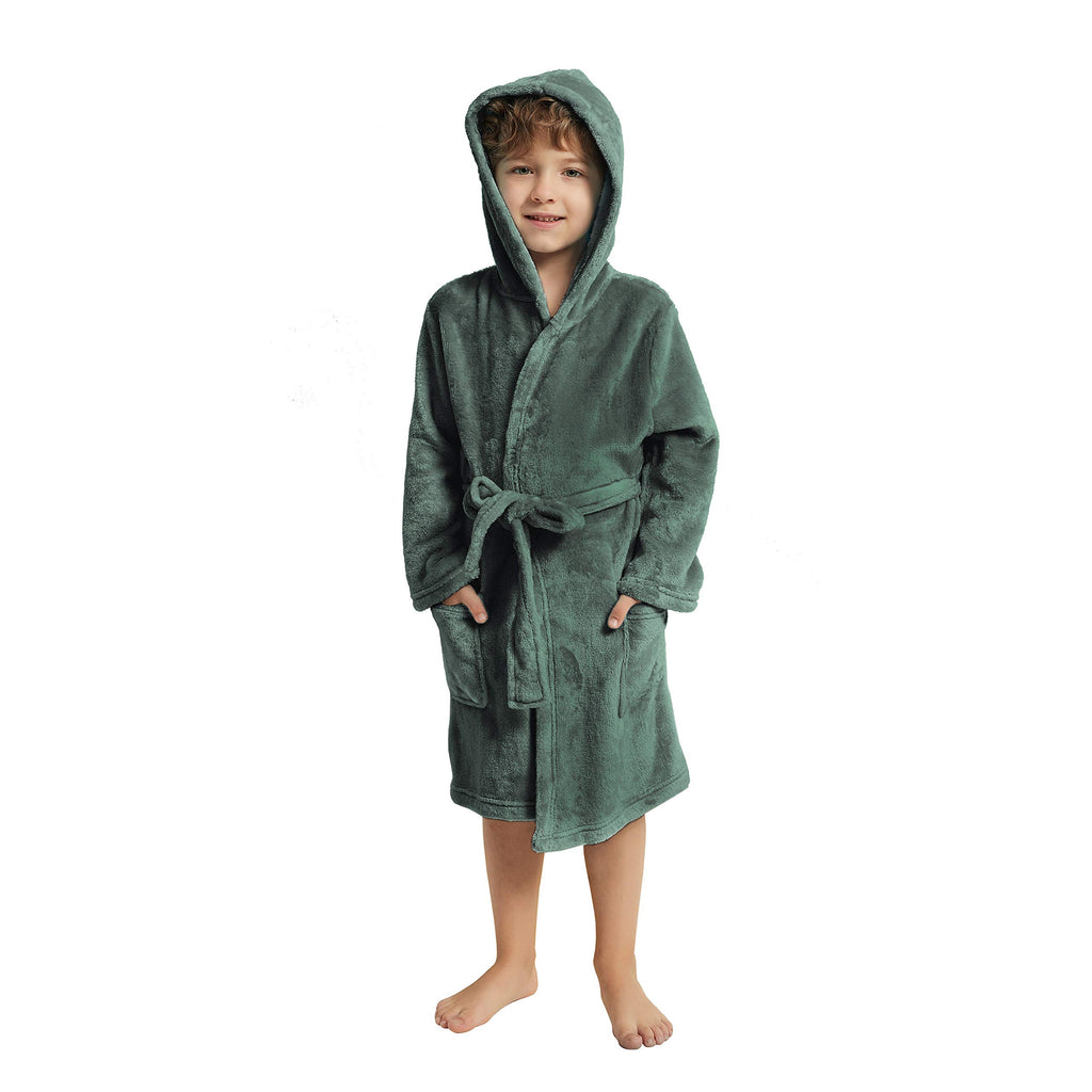 V.&GRIN Boys Fleece Robe, Hooded Toddler Soft Fuzzy Bathrobe for Kids 3-14 Years(Olive Green 5-6)