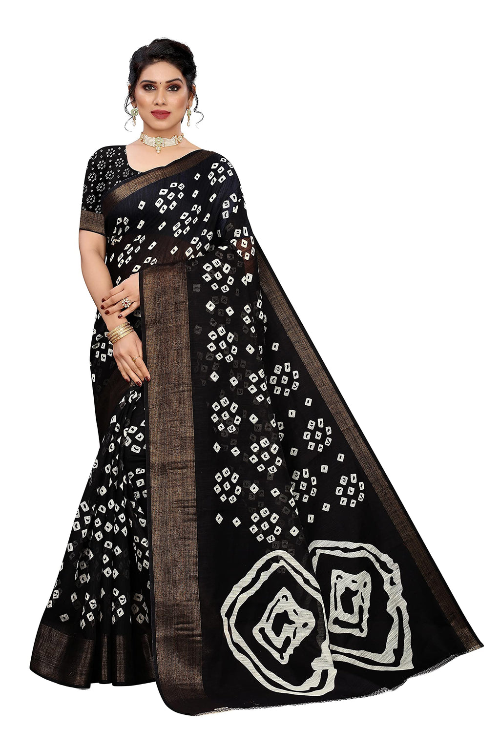 ANNI DESIGNER Womens Linen Cotton Printed Saree with Blouse Piece (FARHA BLACK_Black)