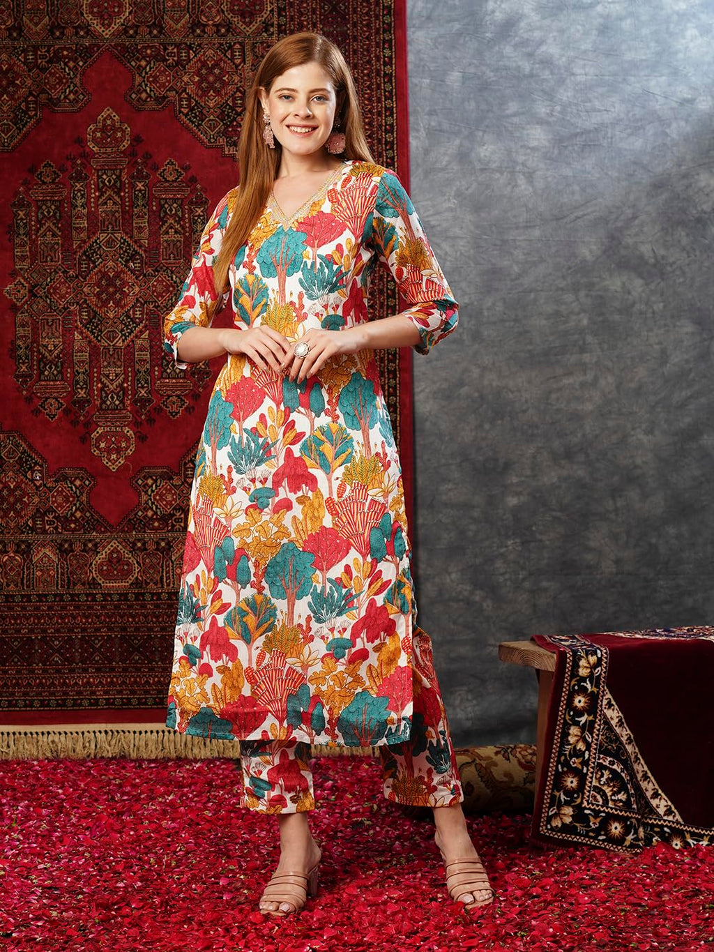 ANNI DESIGNER Women s Rayon Blend Kurta with Pants, white, XL