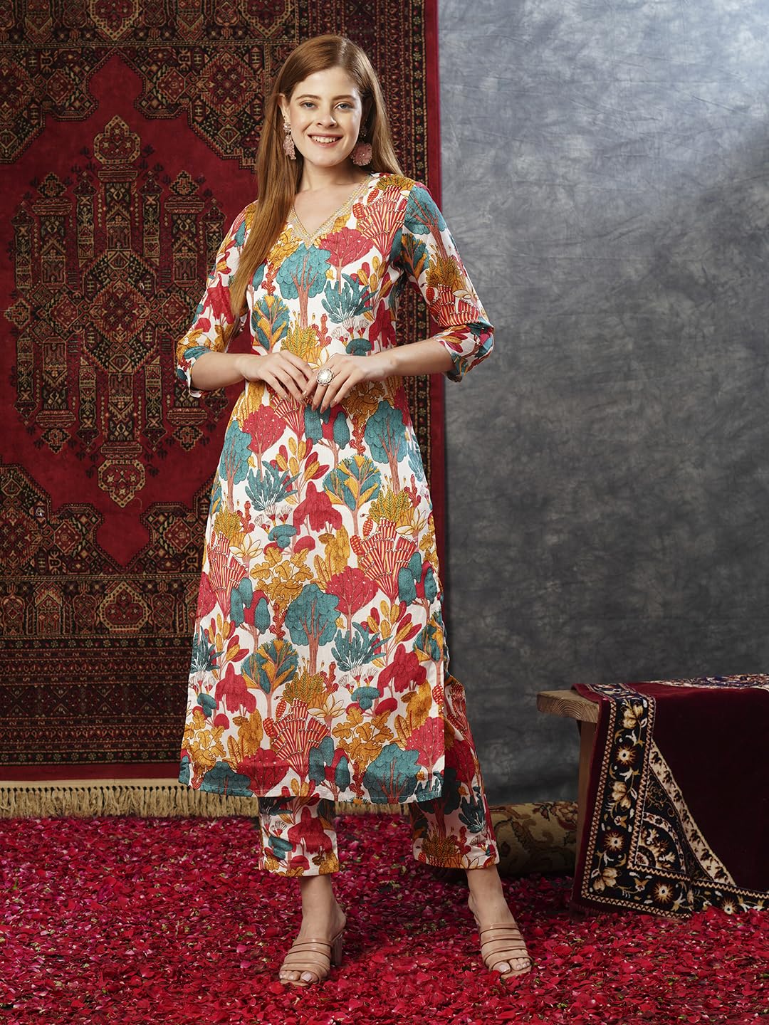 ANNI DESIGNER Women s Rayon Blend Kurta with Pants, white, XL