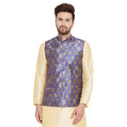 SOJANYA (Since 1958, Mens Silk Blend Blue Printed ONLY Nehru Jacket, Size: XL
