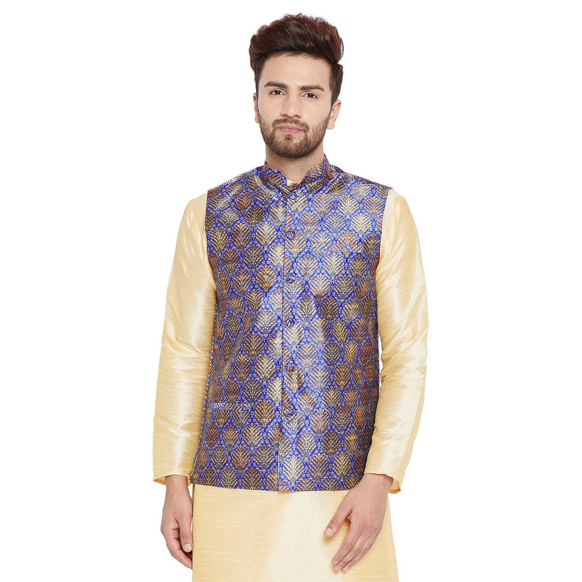 SOJANYA (Since 1958, Mens Silk Blend Blue Printed ONLY Nehru Jacket, Size: XL