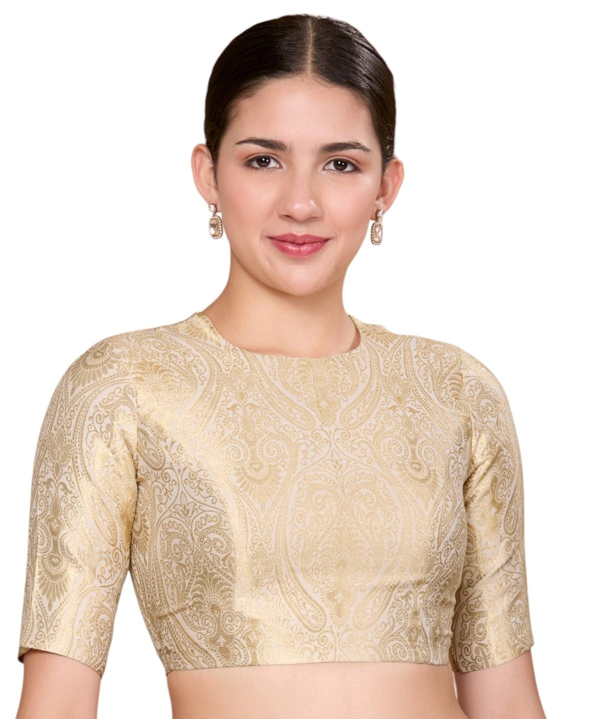 Studio Shringaar WomenS Silky Brocade Jewel Neck Readymade Saree Blouse (Cream, 38) 38