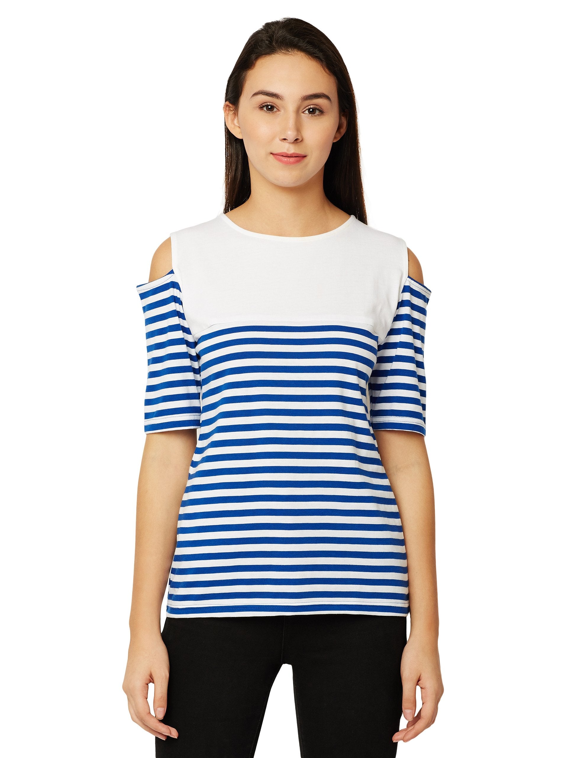 Miss Chase Womens Striped Regular Fit Top (MCAW16TP06-87-133-04_Blue and White_Medium)