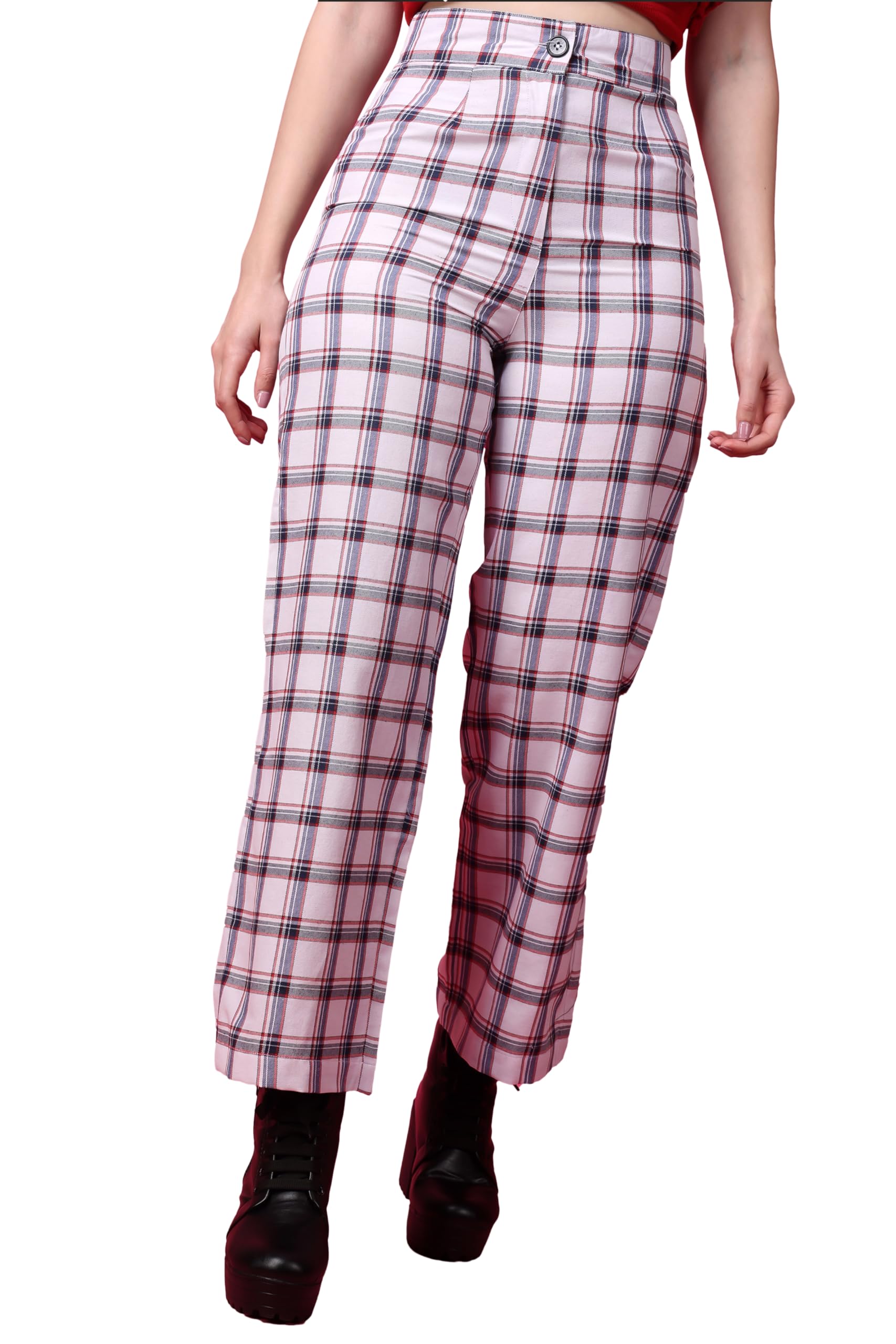 POPWINGS Casual Check Print Button and Zip Closure Trouser for Women | Western Wide-Leg Trouser for Women | Summer Trousers for 