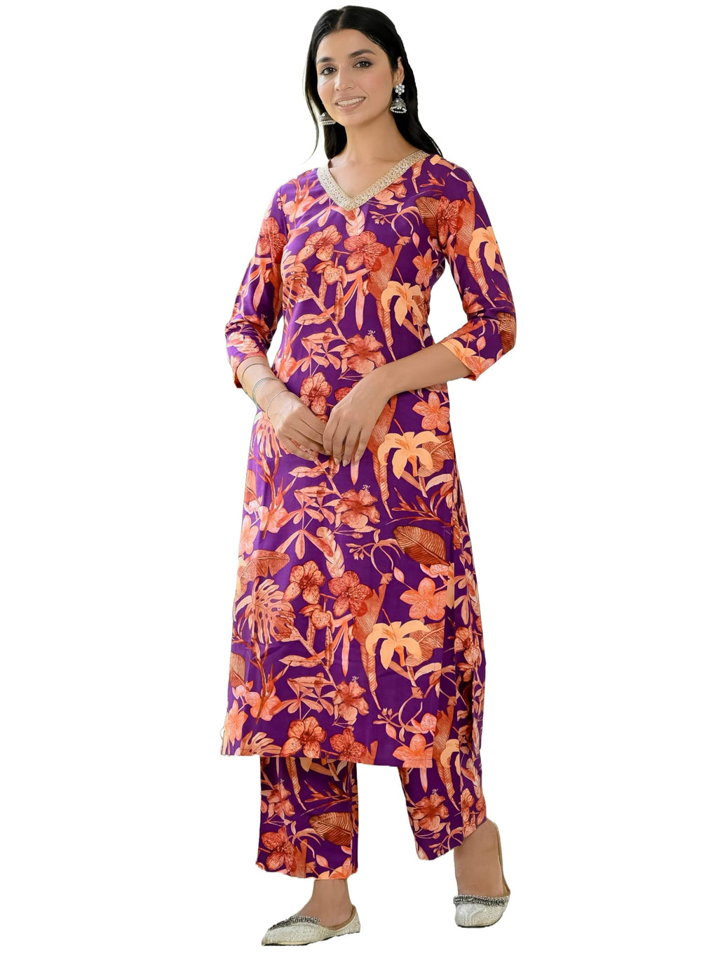 ANNI DESIGNER Womens Cotton Blend Straight Printed Kurta with Palazzo (Chinki Begani_L_Begani_Large)