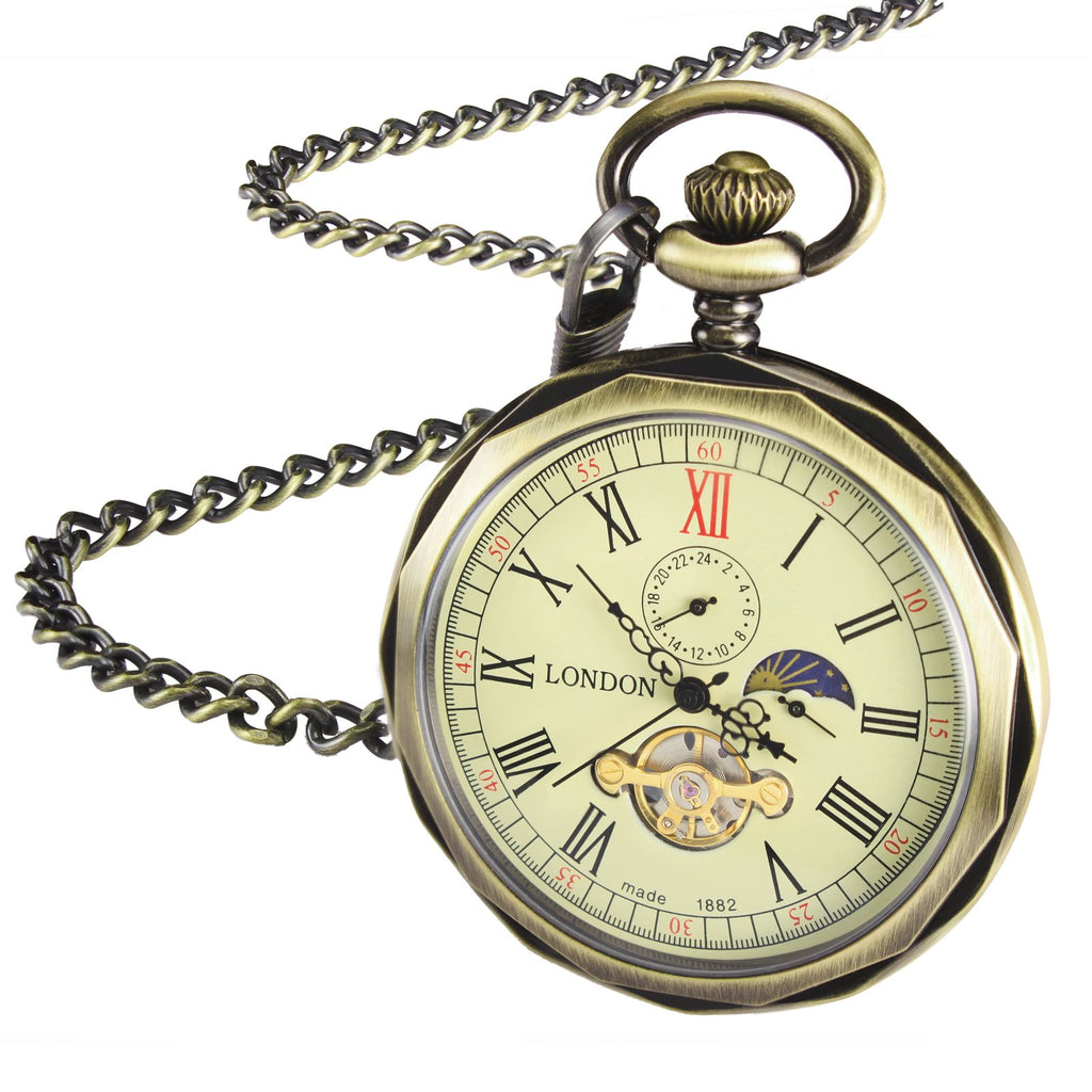 TREEWETO Mechanical Pocket Watches Bronze Roman Numerals Open Face with Chain Men 24-Hour Moon Sun + Box