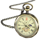TREEWETO Mechanical Pocket Watches Bronze Roman Numerals Open Face with Chain Men 24-Hour Moon Sun + Box