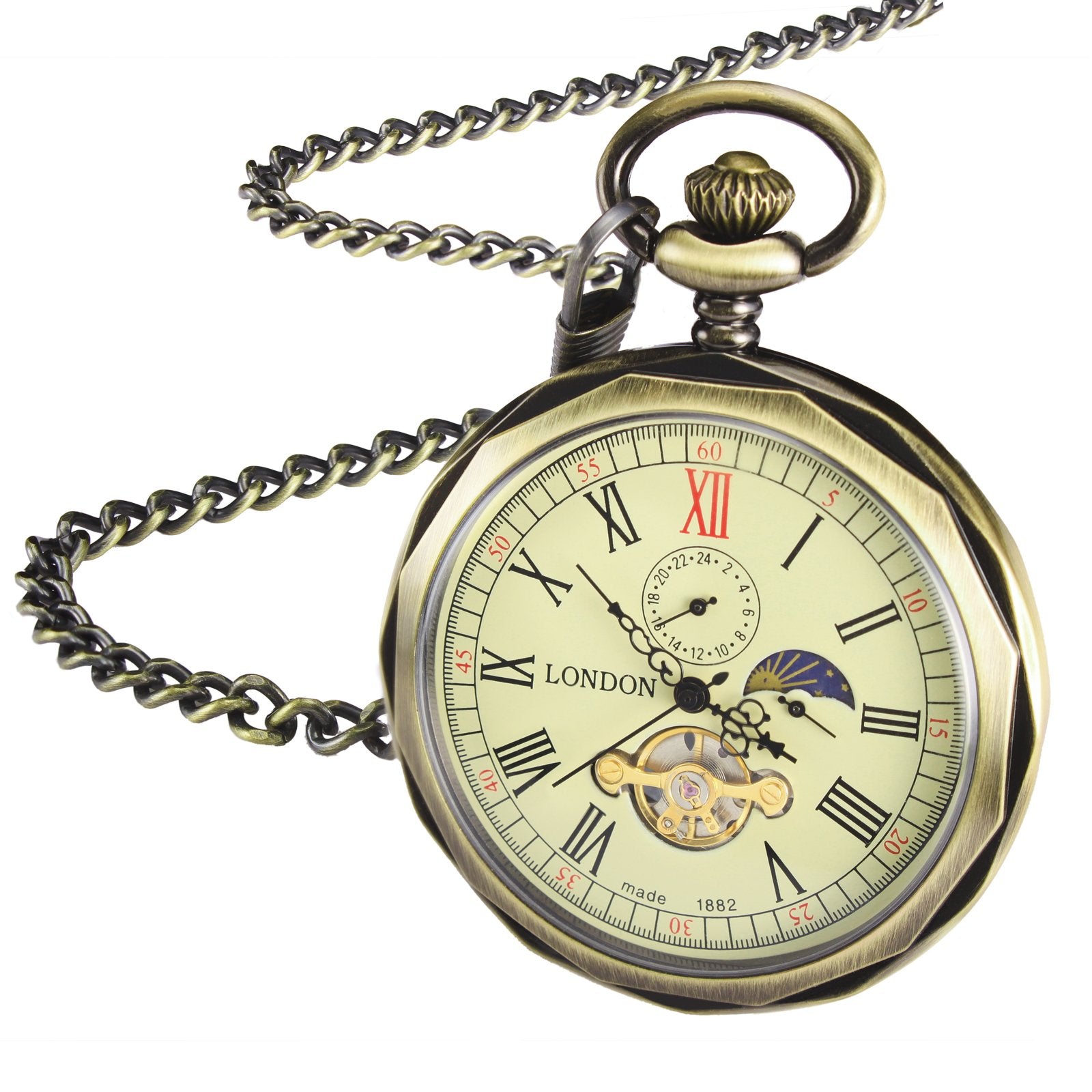 TREEWETO Mechanical Pocket Watches Bronze Roman Numerals Open Face with Chain Men 24-Hour Moon Sun + Box