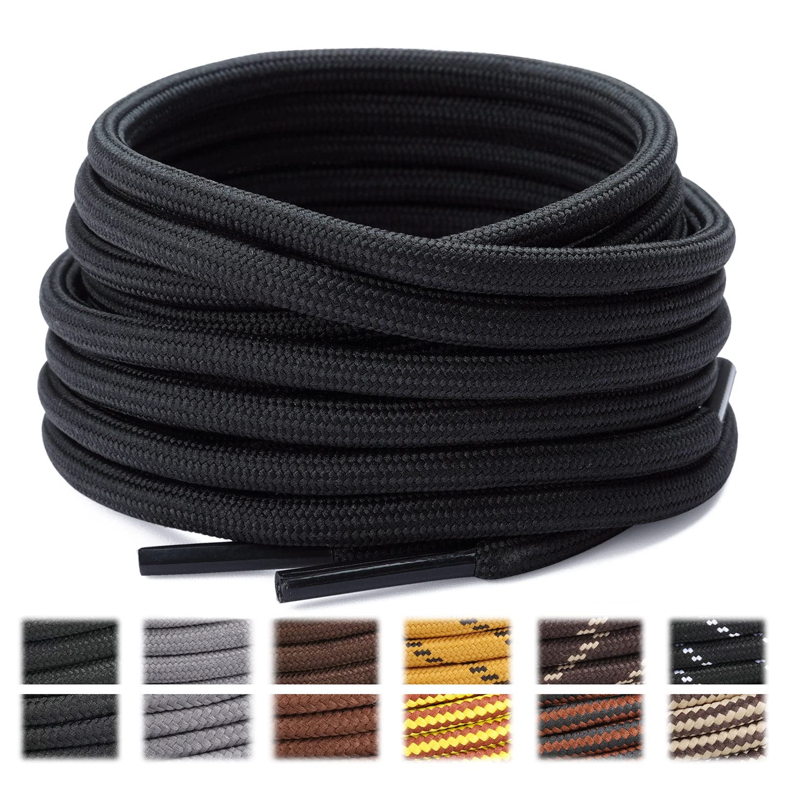 Stepace Round Shoelaces [2 Pairs] Heavy Duty Boot Shoe Laces for Hiking Work Boots Black-180(High density)