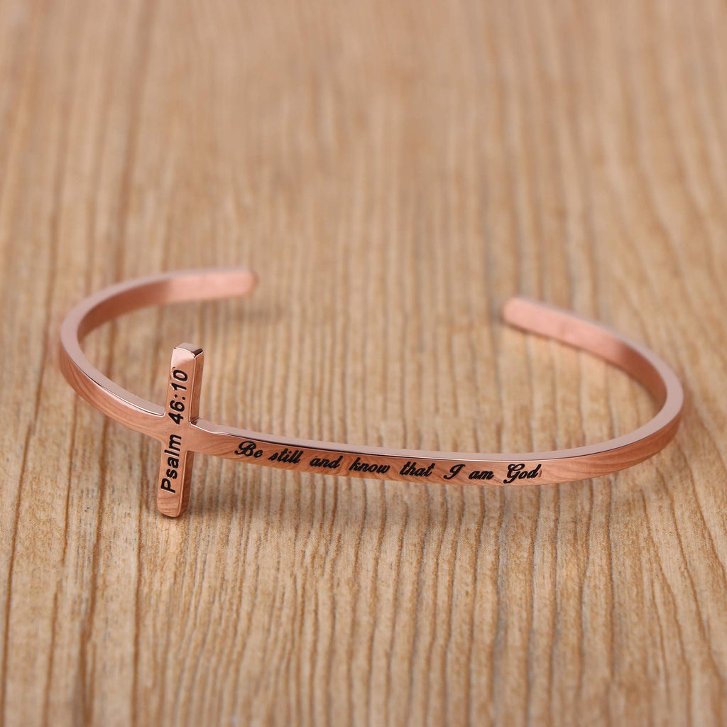 Be Still And Know That I Am God Psalm 46:10 Religious Gifts for Women Stainless Steel Bible Verse Rose Gold Cross Bracelet Birth