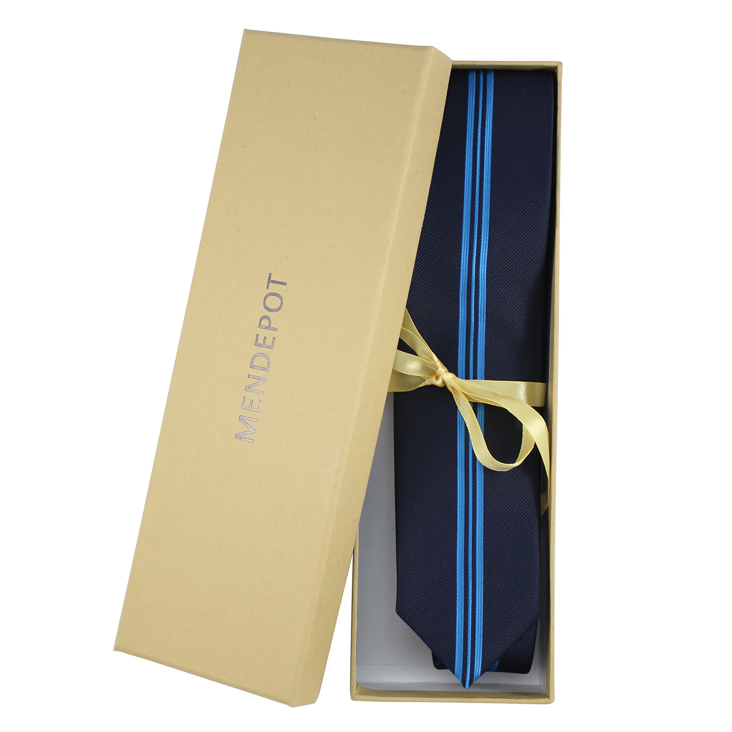 MENDEPOT Black Necktie With Box Black With Vertical Blue Stripe Woven Necktie