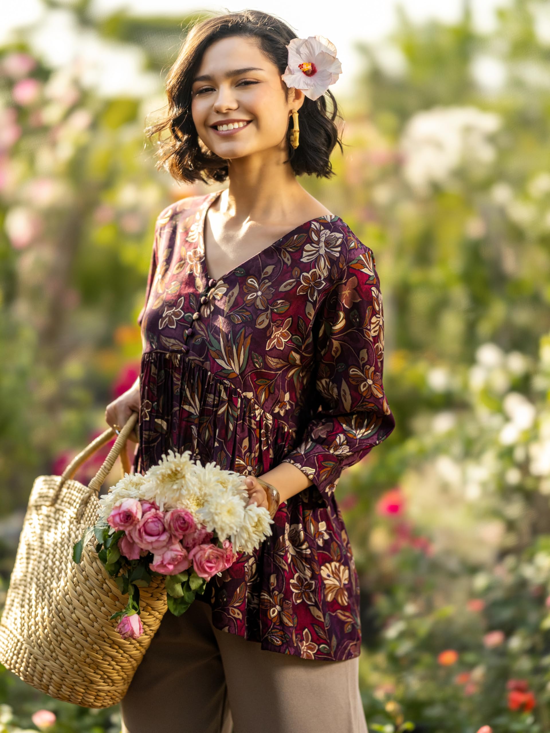 Libas WomenS Silk Blend Printed A-Line Kurti (29114Or_Burgundy