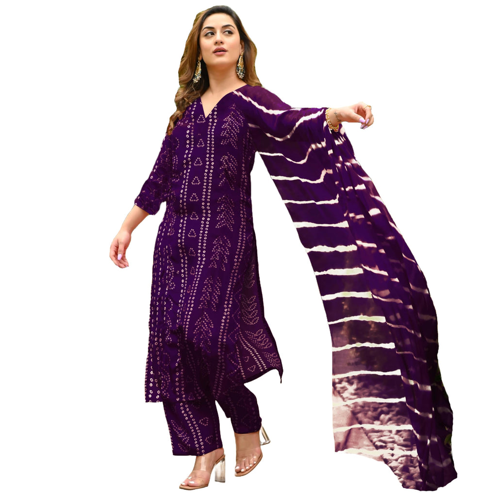 ANNI DESIGNER Womens Rayon Blend Straight Bandhej Printed Kurta with Pant & Dupatta (Baghira Begani-VKS01_XXL_Begani_XX-Large)