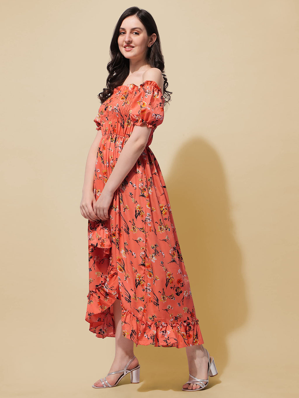 Oomph! Flared Dress For Women Stylish | Long One Piece For Women | Off Shoulder Puff Sleeve Long Dress | Floral Print Maxi One P