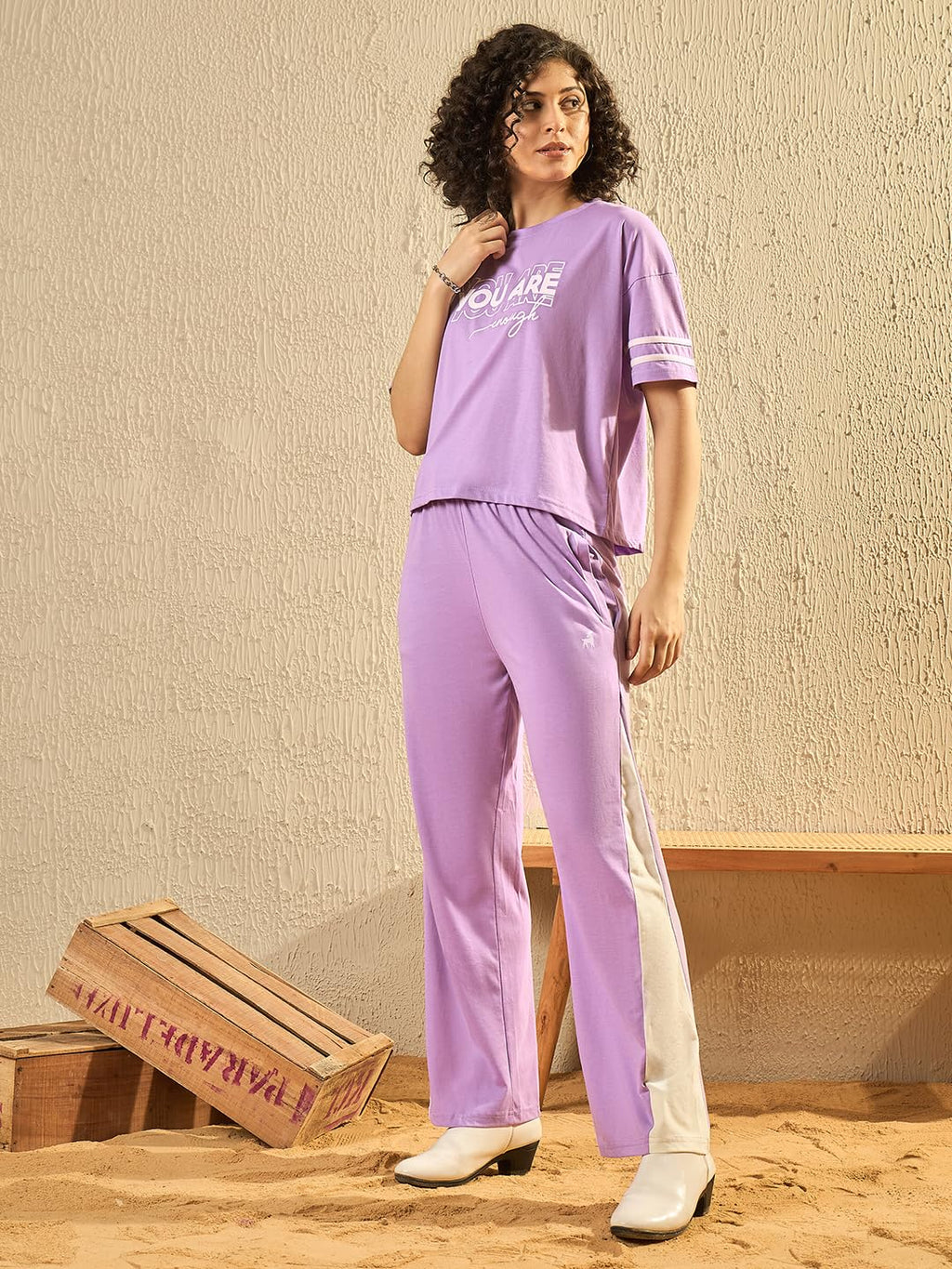 Pivl Women'S Cotton Blend Striped Co-Ords Set - Summer Style-Lavender-Xl