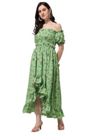 Oomph! Flared Dress For Women Stylish | Long One Piece For Women | Off Shoulder Puff Sleeve Long Dress | Floral Print Maxi One P