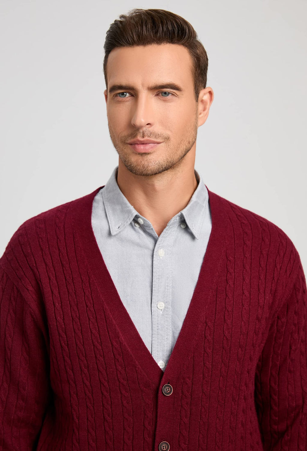 Kallspin Men's Cardigan Sweater Cashmere Wool Blend Cable Knit V Neck Buttons Cardigan with Pockets(Burgundy Red, Medium)