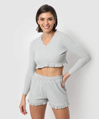 Campus Sutra Women'S Light Grey Regular Fit Cropped Co-Ords For Winter Wear | Full Sleeve | Shorts | Ribbed Co-Ords | Casual Co-