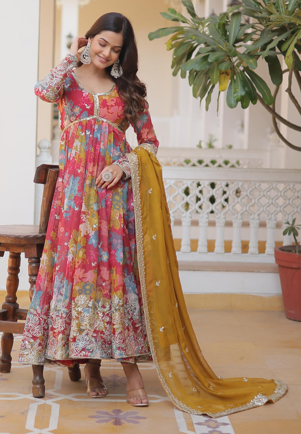 Fashion Basket Womens Pink Georgette Anarkali Kurta Set