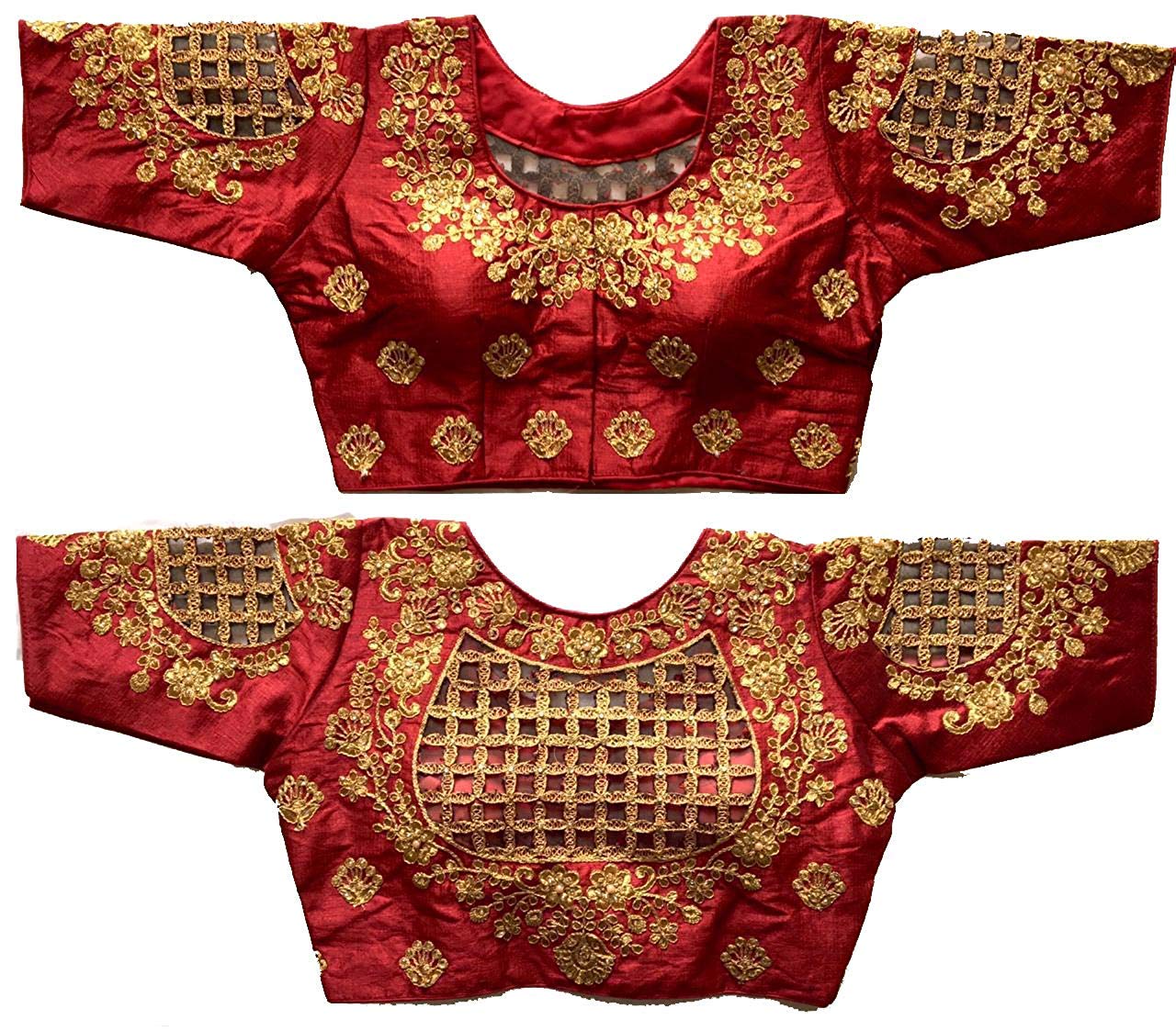 Pujia Mils Womens Silk Checks Half Sleeve Readymade Blouse (Checks_Maroon_36)