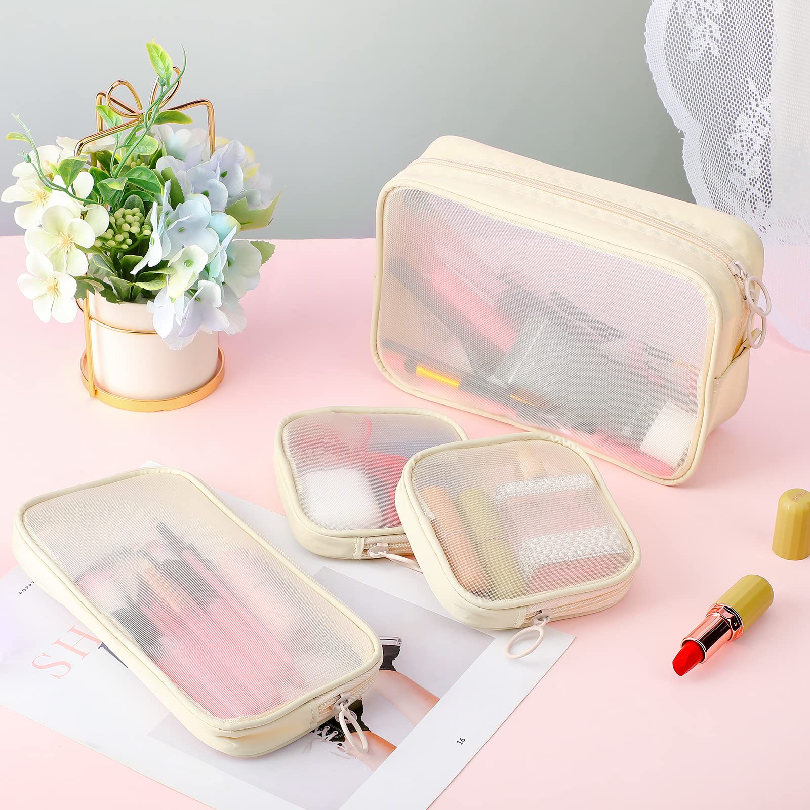 Weewooday 4 Pcs Mesh Makeup Bag Mesh Cosmetic Bag Travel Toiletry Bag Pouch with Zipper Mini Portable Makeup Cosmetic Travel Toi