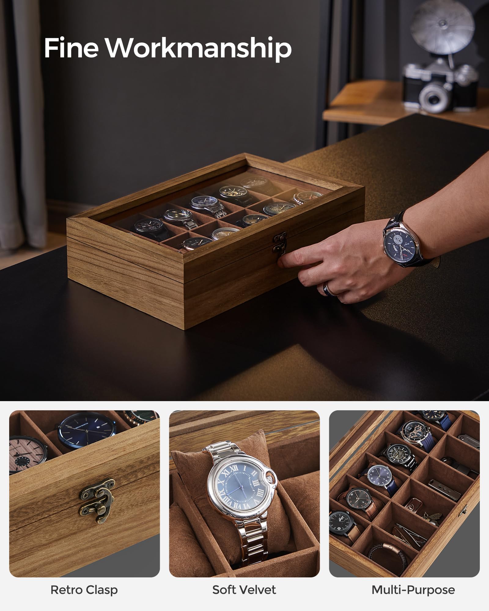 SONGMICS Watch Box, 12-Slot Watch Case, Solid Wood Watch Box Organizer with Glass Lid, Watch Display Case with Removable Pillows