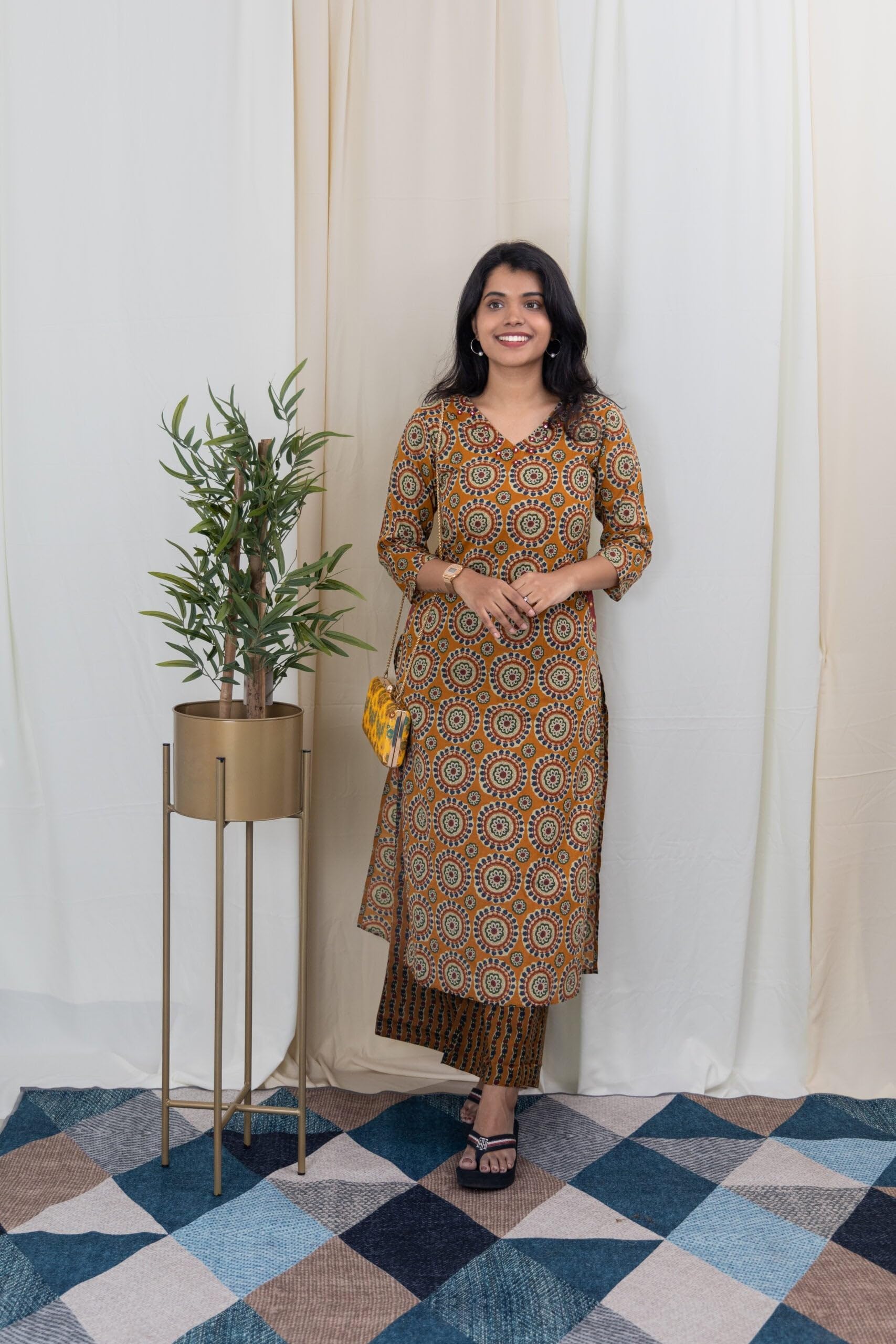 ANNI DESIGNER Womens Rayon Blend Straight Printed Kurta with Palazzo (Jones Mustard_S_Mustard_Small)