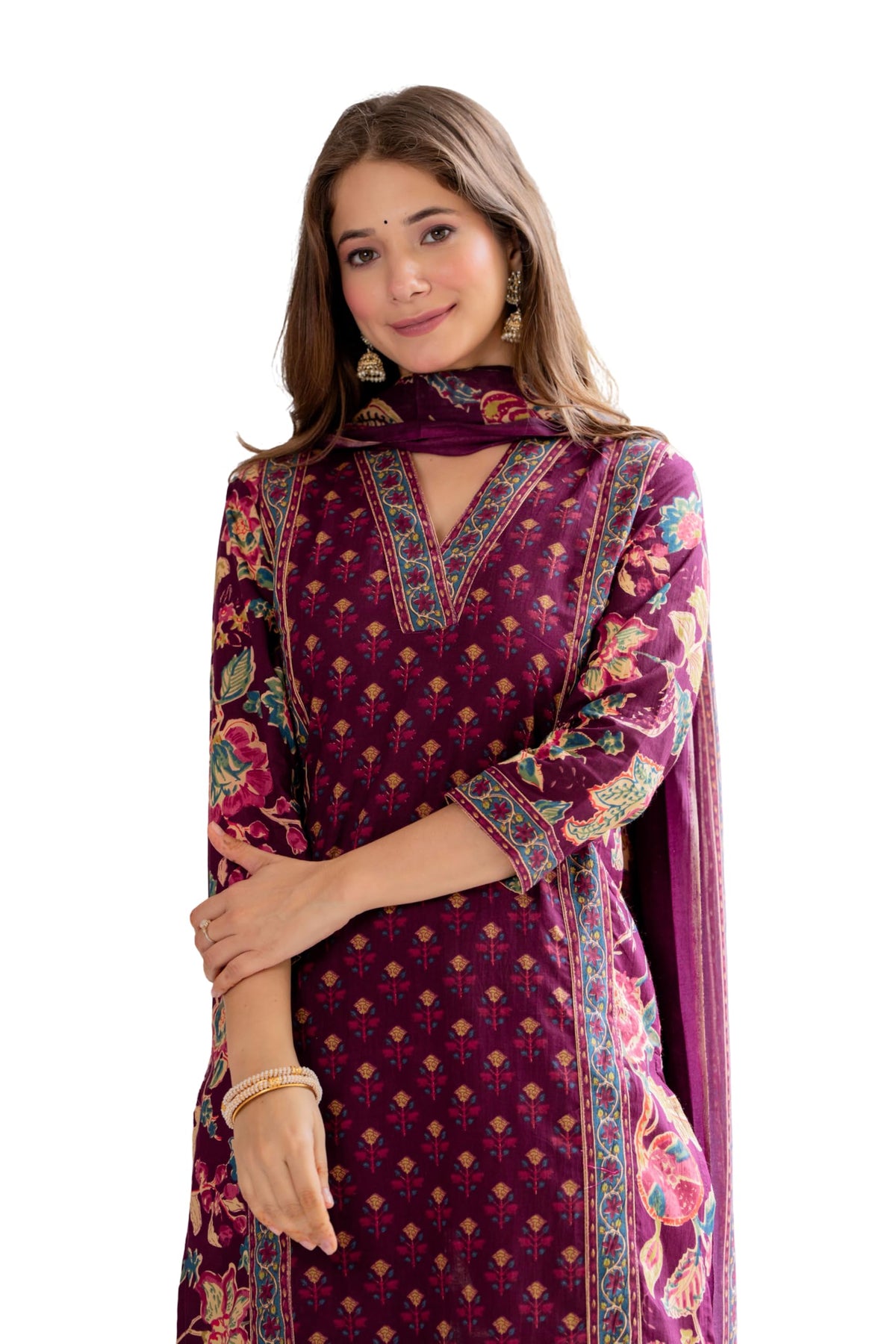 Meera Fab WomenS Cotton Blend Straight Printed Kurta With Palazzo & Dupatta 2