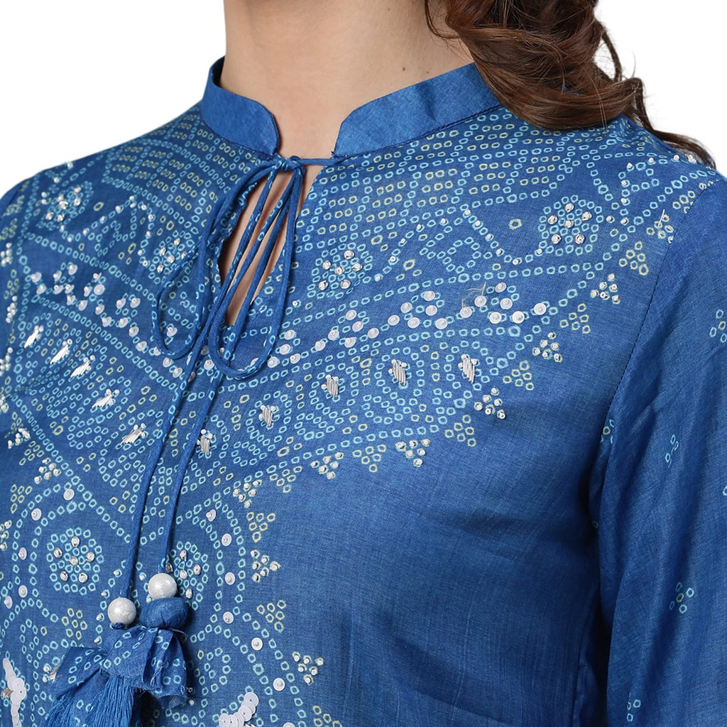 Ishin Women'S Silk Blend Blue Embroidered & Beads And Stones Work A-Line Kurta Suit Set With Dupatta & Pant