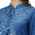Ishin Women'S Silk Blend Blue Embroidered & Beads And Stones Work A-Line Kurta Suit Set With Dupatta & Pant