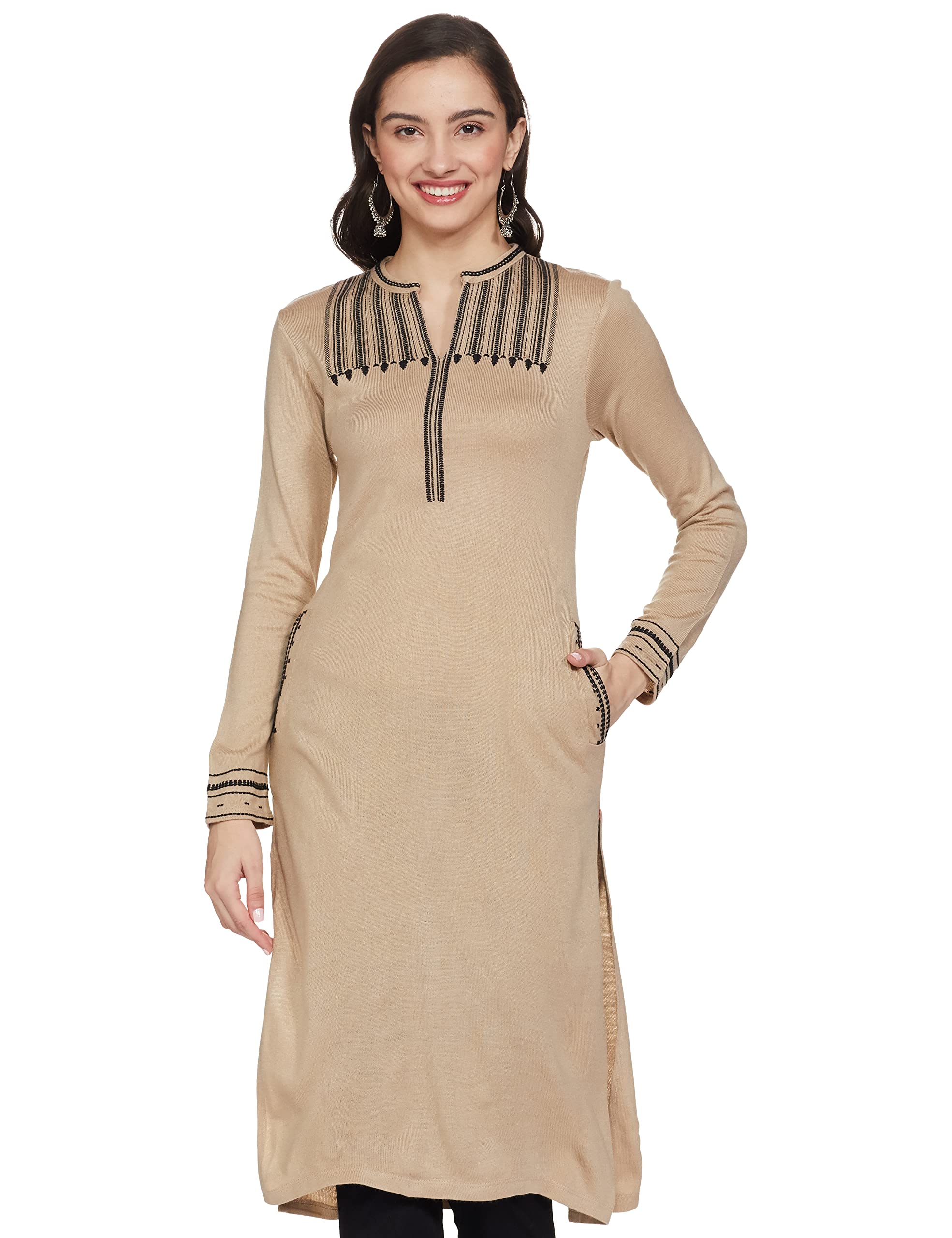 Beige Embroidered Winter Kurta