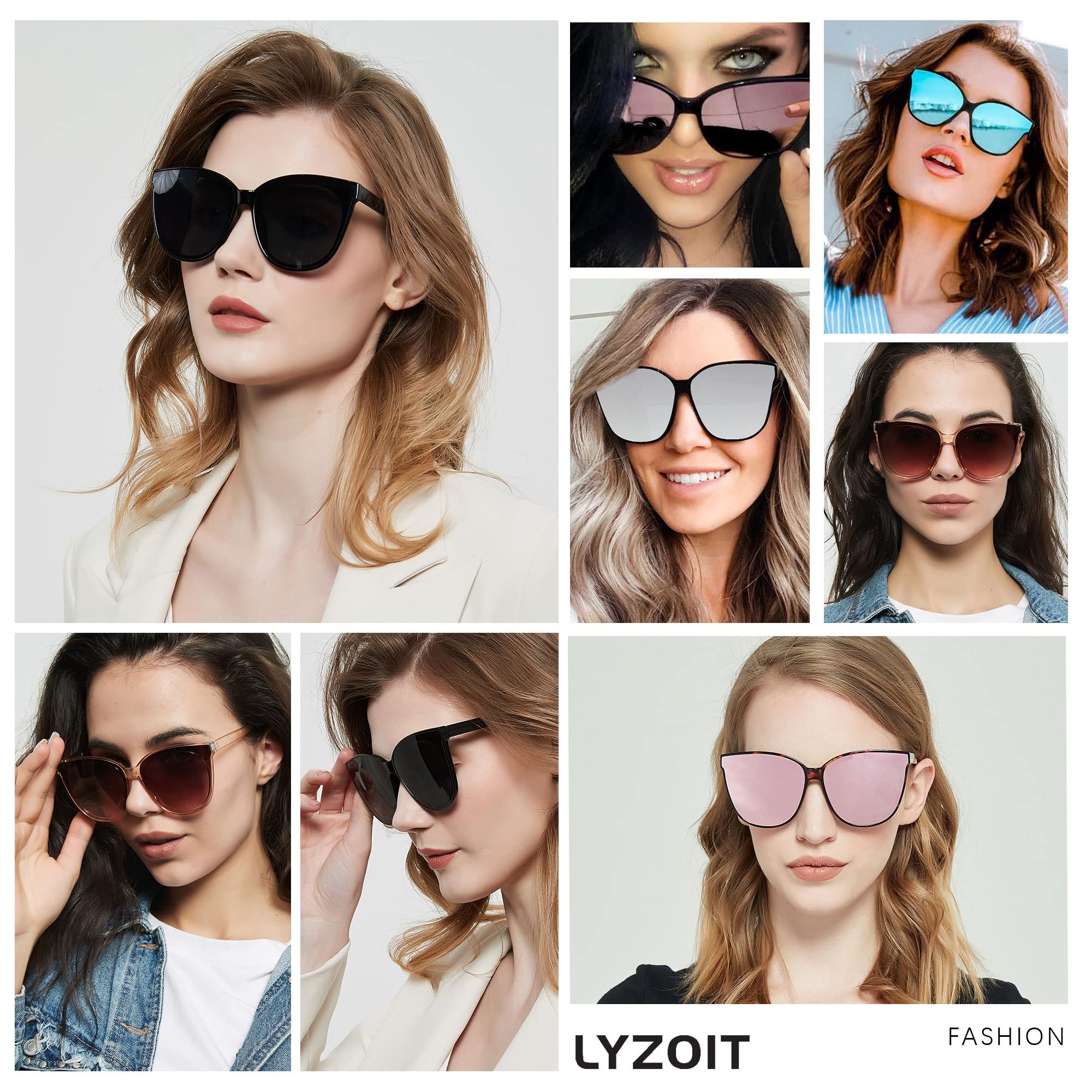 LYZOIT Oversized Cat Eye Sunglasses for Women Big Large Cateye Frame Shades 2 Pack Fashion Vintage Sun glasses Black Clear Brown